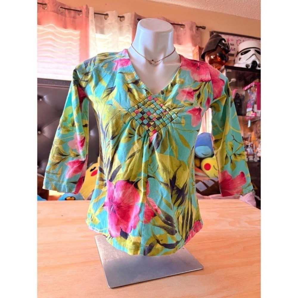 Y2K Vintage Fairy Caribbean Joe Petite Small Tropical Floral Top Woven #2